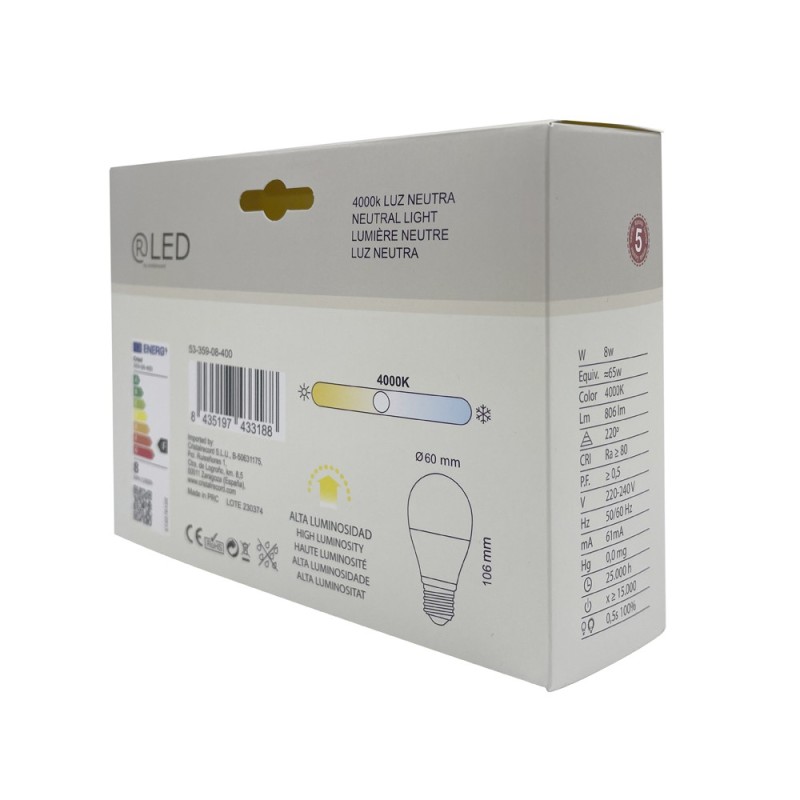Pack of 3 LED Bulbs E27 A60 8W 806Lm 4000K