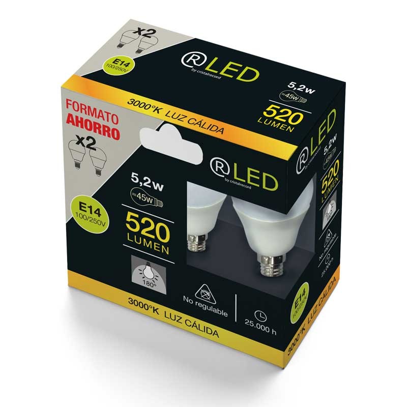 Pack of 2 E14 Bulb B45 5.2W 520Lm 3000K