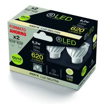 Pack of 2 GU10 COB 6.2W 620Lm 3000K