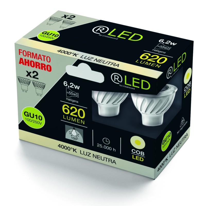Pack of 2 GU10 COB 6.2W 620Lm 3000K