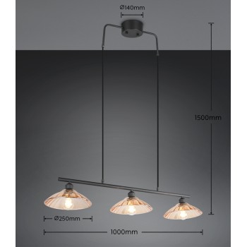 RL Lighting - ELUNA Κρεμαστό Φωτιστικό Μαύρο Ματ με Κεχριμπαρένιο Γυαλί 3xE27 ΚΩΔ.-R36523032 