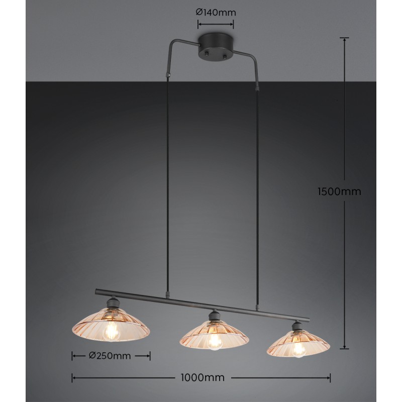 RL Lighting - ELUNA Κρεμαστό Φωτιστικό Μαύρο Ματ με Κεχριμπαρένιο Γυαλί 3xE27 ΚΩΔ.-R36523032 