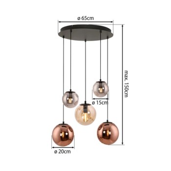 JUST LIGHT.-SHINY 5-Φωτο Κρεμαστό Φωτιστικό E14, Μαύρο, Amber & Φιμέ Γυαλί