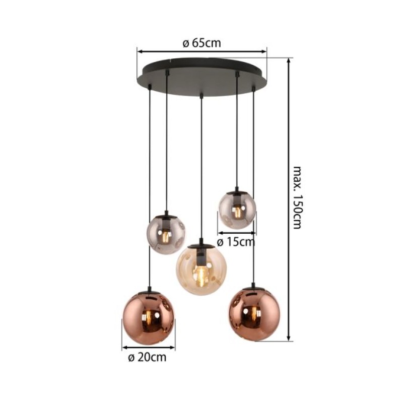 JUST LIGHT.-SHINY 5-Φωτο Κρεμαστό Φωτιστικό E14, Μαύρο, Amber & Φιμέ Γυαλί